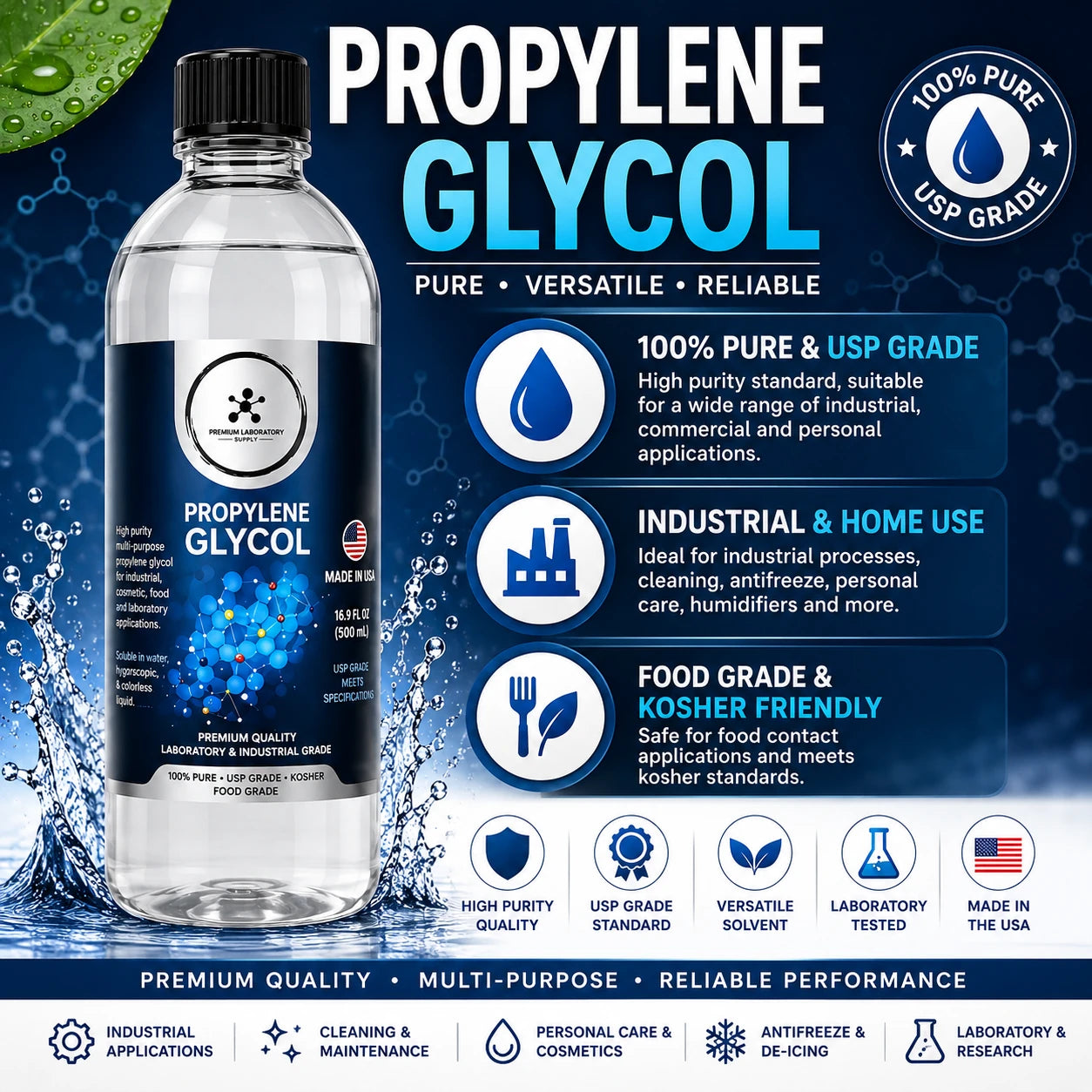 A bottle of propylene glycol shown on a dark blue promotional background with text callouts, water splash graphics, and certification-style icons. The bottle label reads propylene glycol, and the overall graphic emphasizes purity, industrial/home use, food grade, and US Grade standards. Available at Viking Lab Supply 