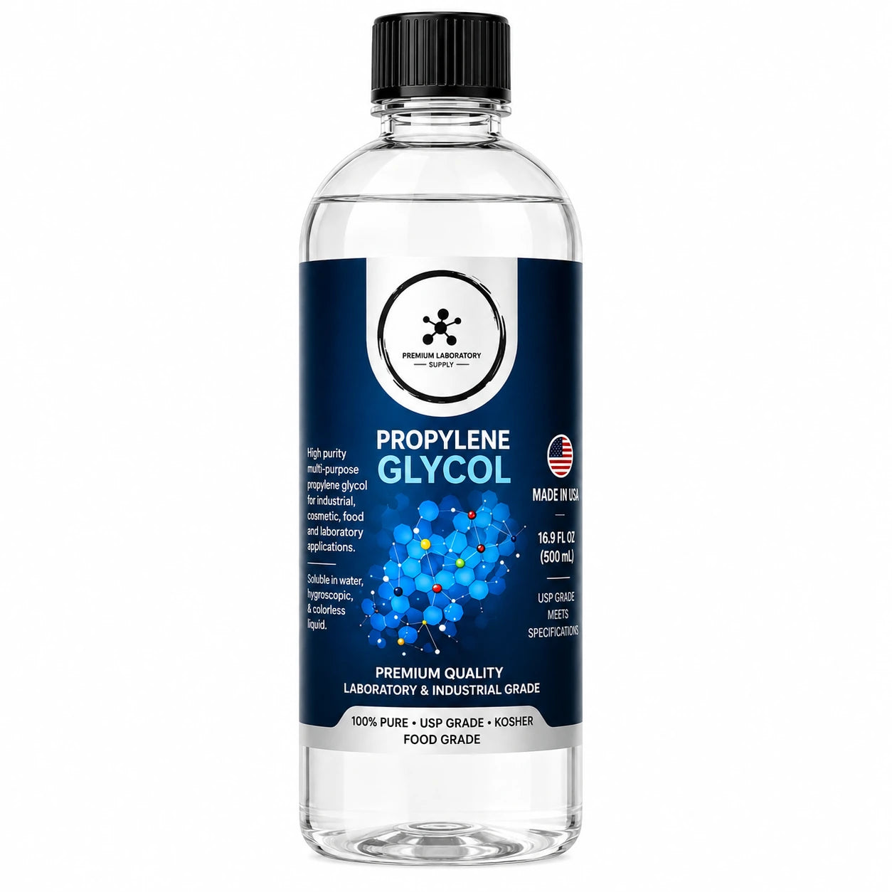 A clear plastic bottle of Propylene Glycol with a black cap and a dark blue label, shown on a plain white background.