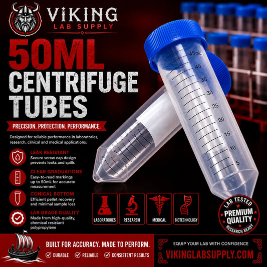Promotional graphic for Viking Lab Supply 50ML centrifuge tubes, showing two clear plastic tubes with blue caps and measurement markings on a dark red and black background with product features and branding.