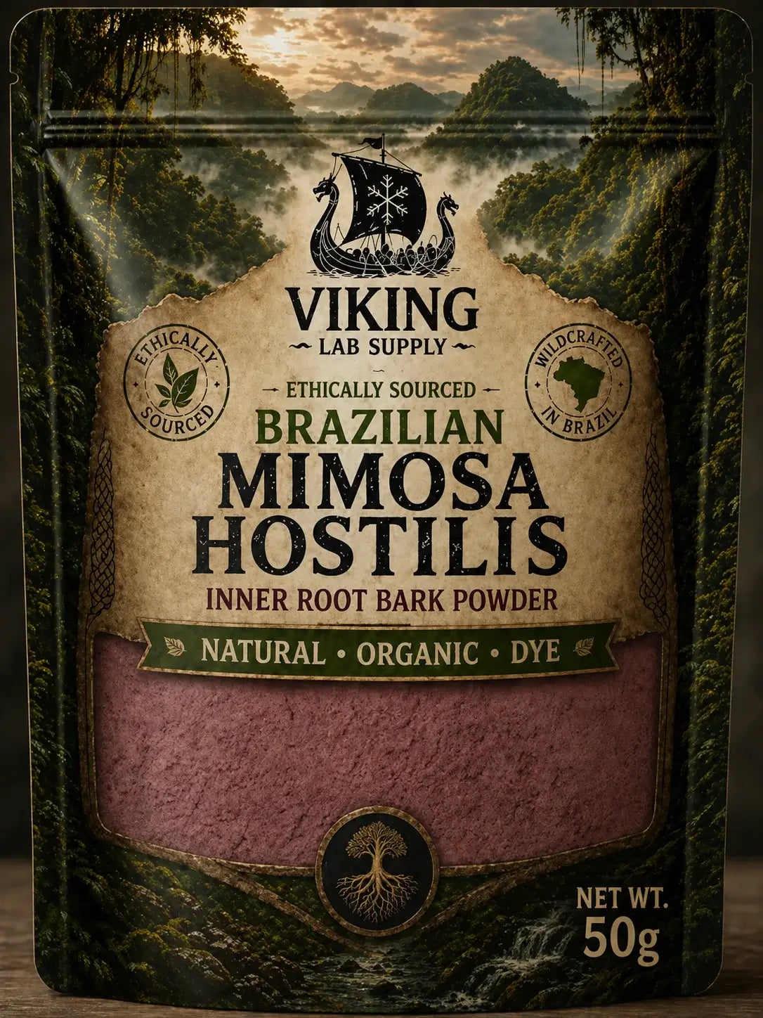 Pack of Brazilian mimosa hostilis root bark mhrb powder, ethically sourced, labeled natural and organic, 50g