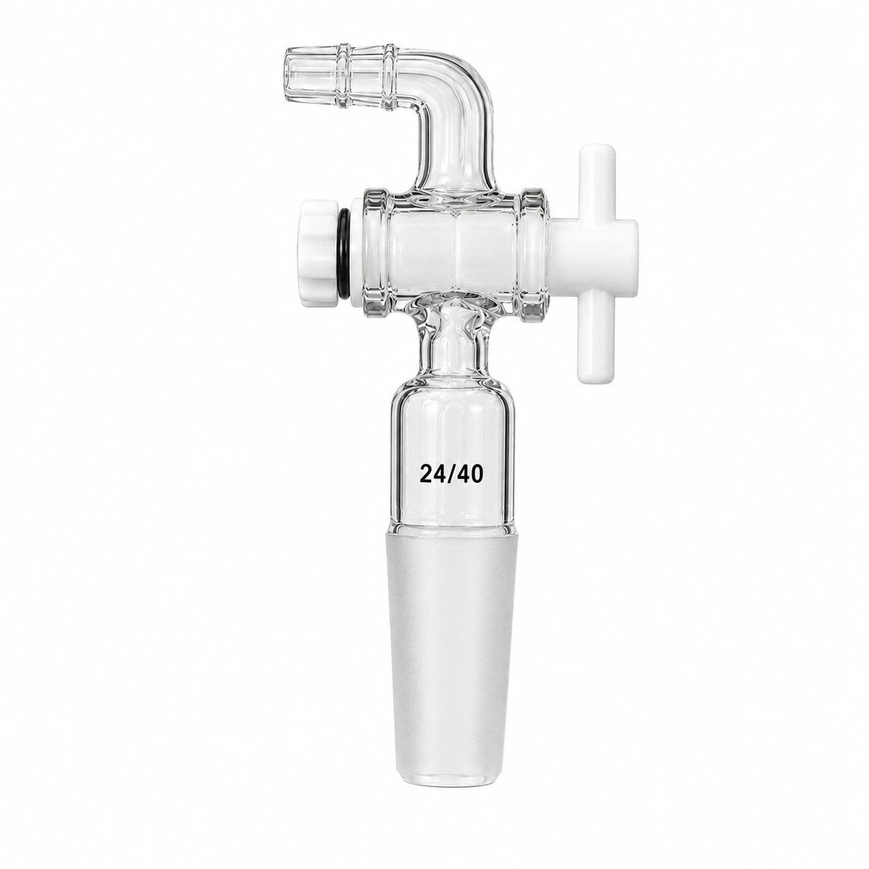 A 24/40 glass 90° vacuum control with a PTFE stopcock adapter with a white cross-handle and a clear glass bottom cone, shown on a solid white background.