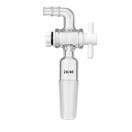 A 24/40 glass 90° vacuum control with a PTFE stopcock adapter with a white cross-handle and a clear glass bottom cone, shown on a solid white background.
