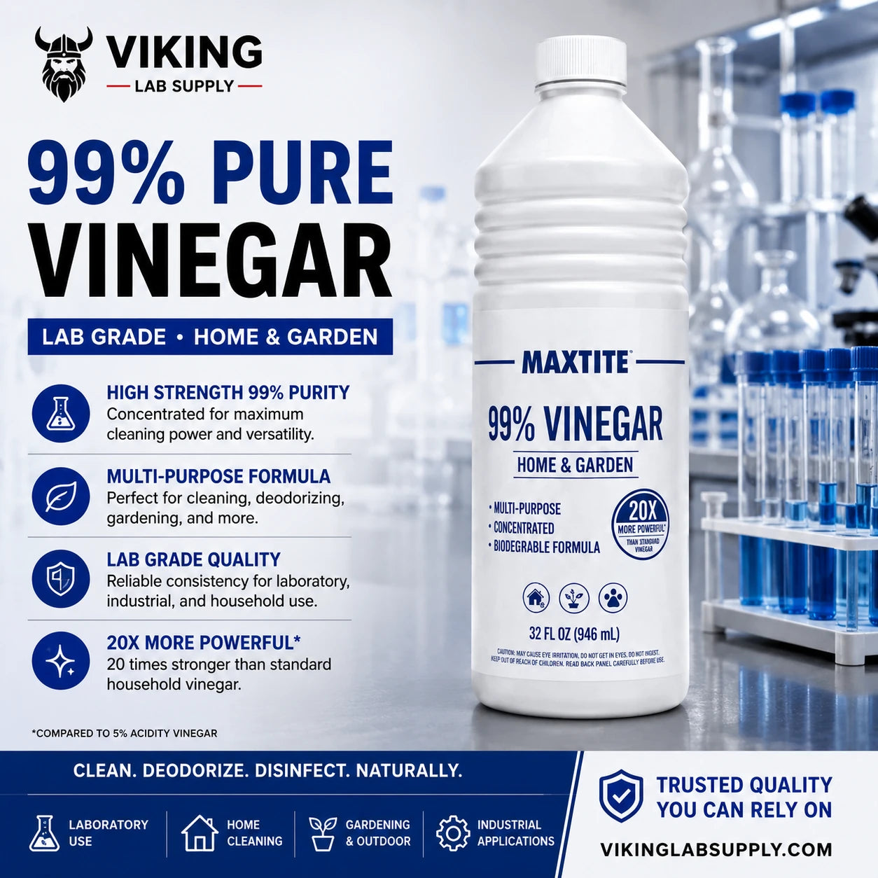 Maximum Strength Vinegar 99% Purity 1 Quart - High-concentration cleaning solution for home and garden use from Viking Lab Supply