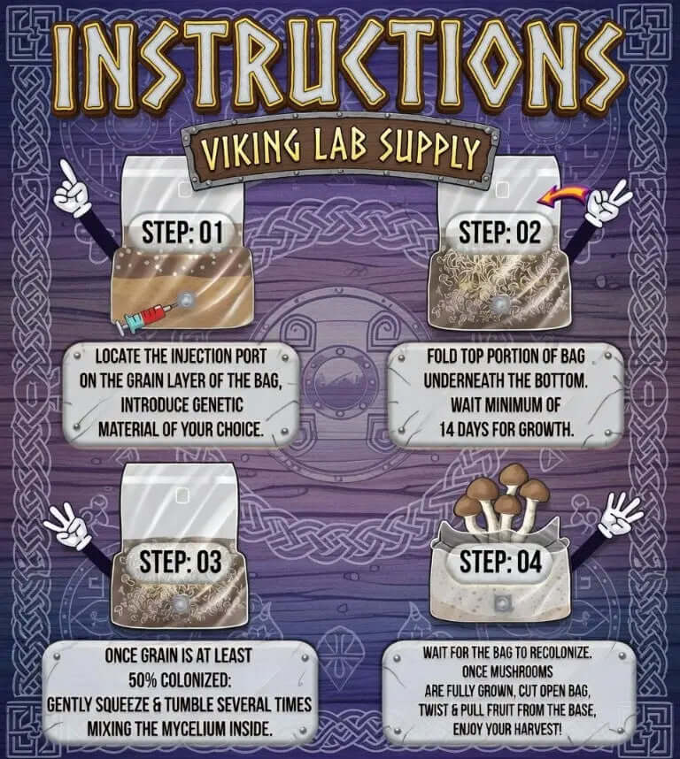 Instructions for using AIO Mushroom Bag 5LB with Viking Lab Supply illustrations for mycology enthusiasts.