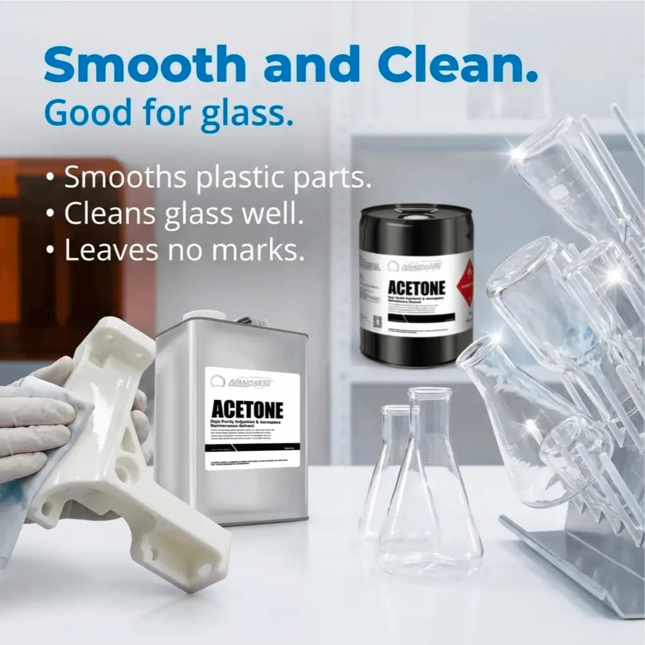 Scientific grade acetone 1 gallon available at Viking lab supply