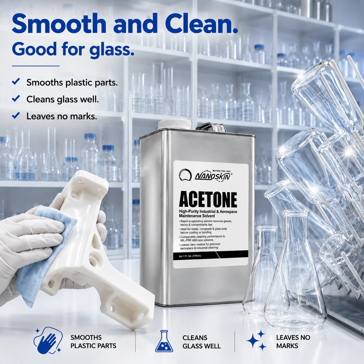 Acetone canister shown beside a gloved hand wiping a surface