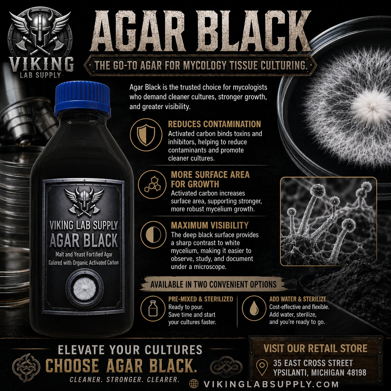 Agar Black mycology and tissue culture medium with organic activated carbon for superior mycelium visibility. 1L kit.