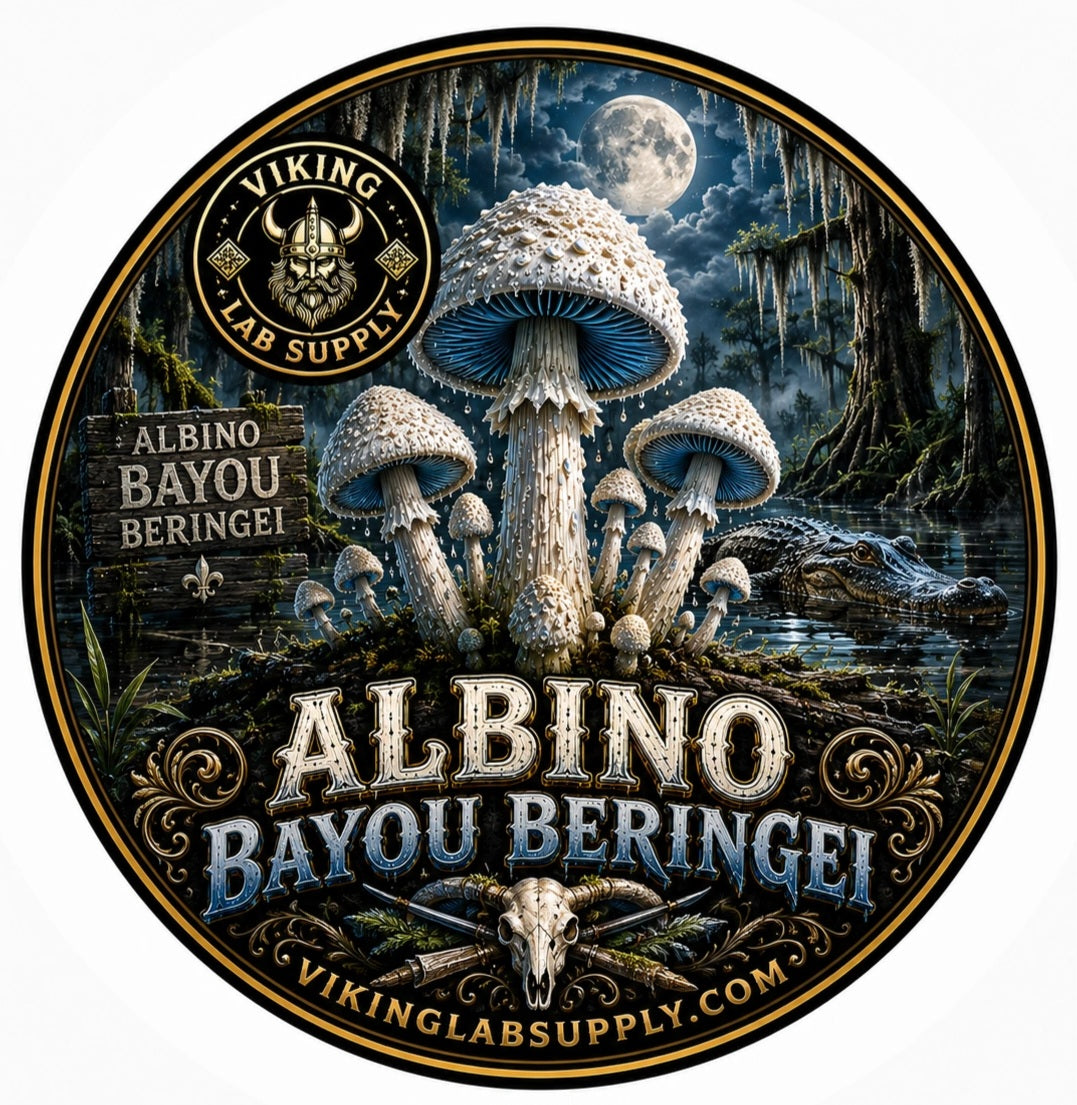 Liquid Cultures in 10ML Syringes for mycology research, featuring Viking Lab Supply's Albino Bayou illustration with fungi artwork.