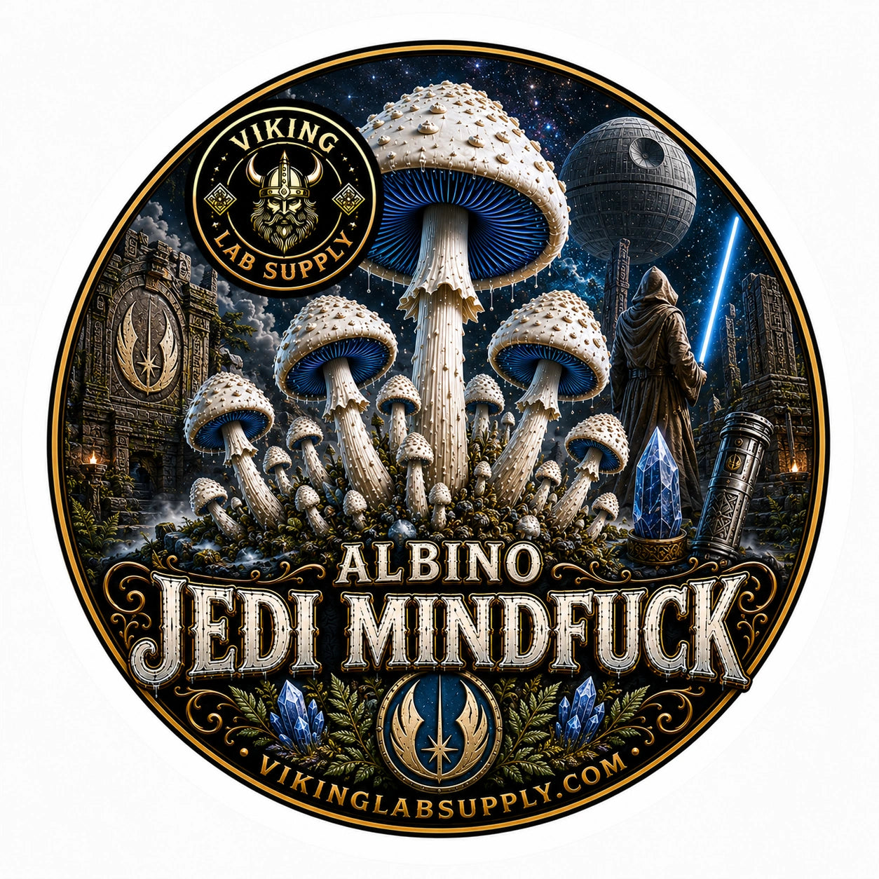 Liquid Cultures in 10ML Syringes for mycology research, featuring Viking Lab Supply's albino jedi mind fuck illustration with fungi artwork.