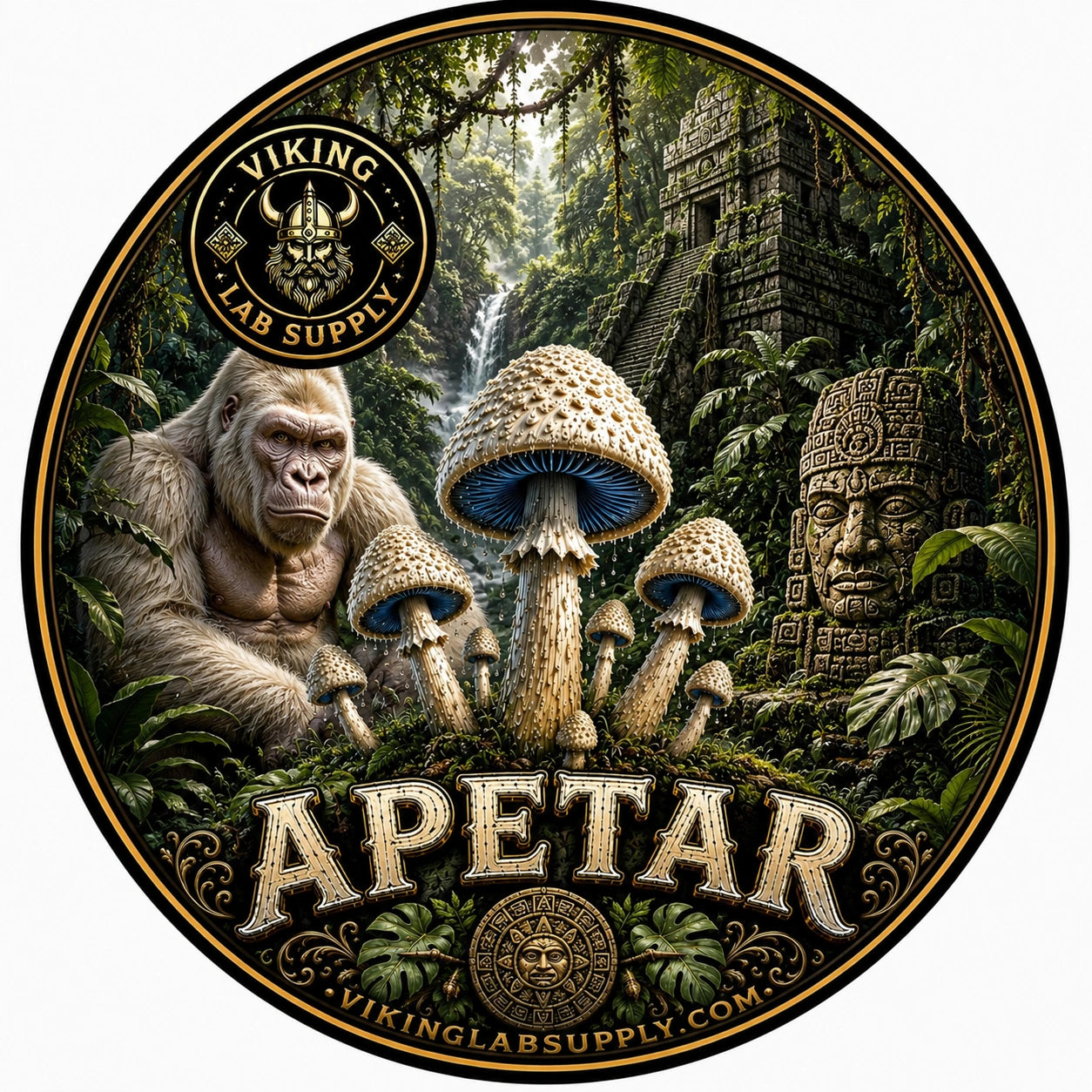 Liquid Cultures in 10ML Syringes for mycology research, featuring Viking Lab Supply's apetar illustration with fungi artwork.