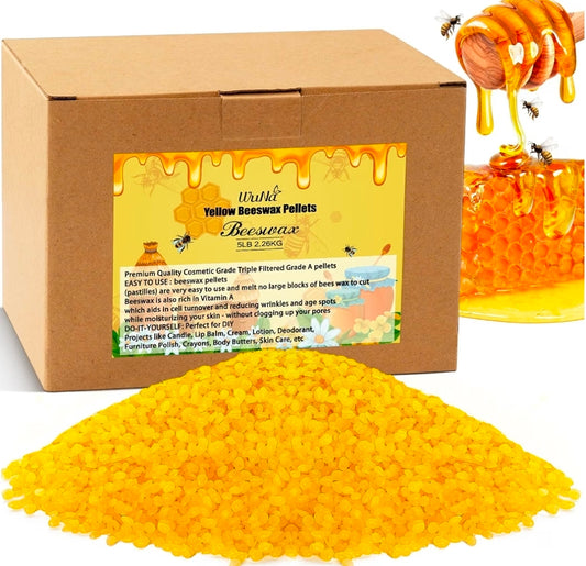 5LB Yellow Beeswax Pellets for candle making, cosmetics, and DIY projects, featuring food-grade, triple-filtered, quick-melting pastilles.