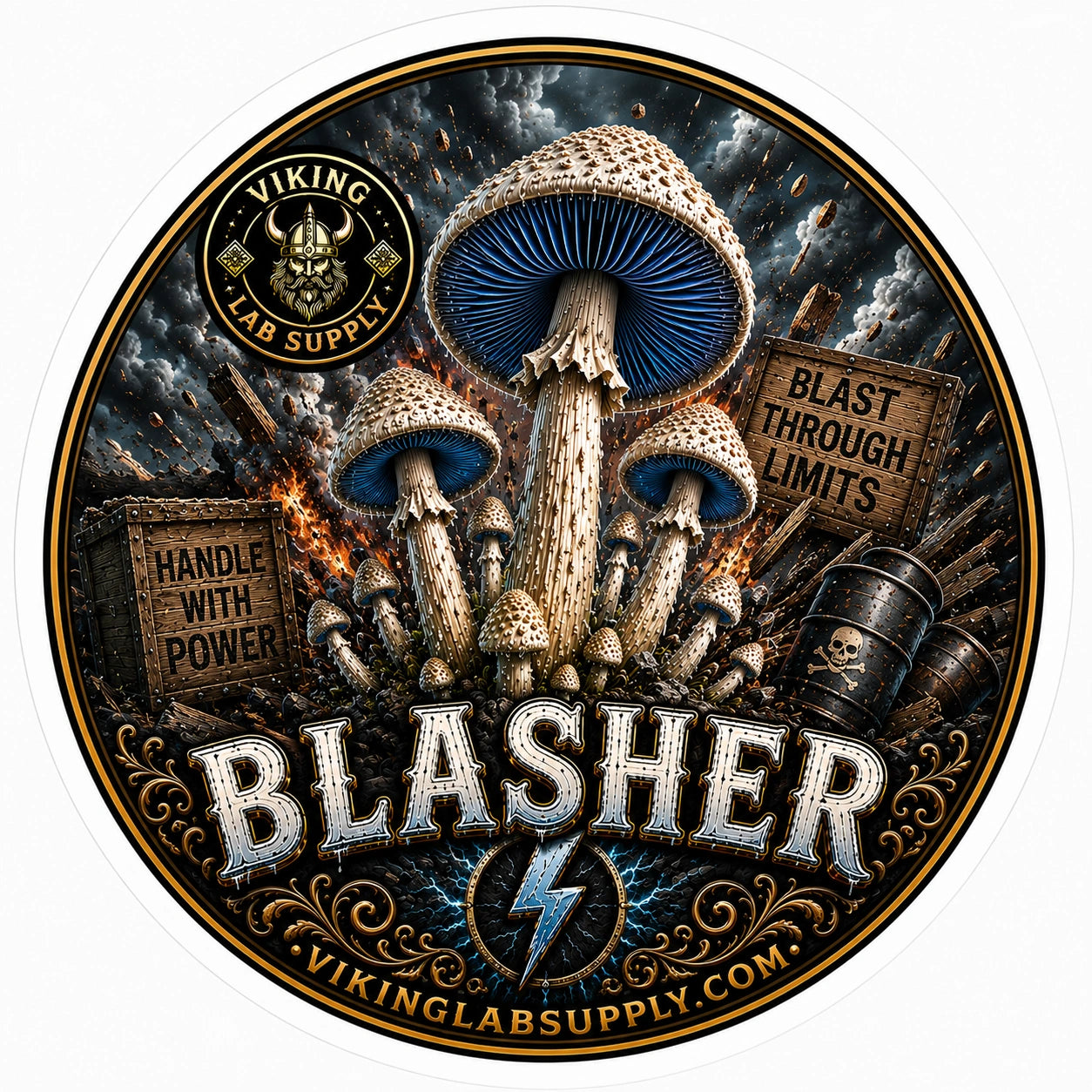 Liquid Cultures in 10ML Syringes for mycology research, featuring Viking Lab Supply's Blasher illustration with fungi artwork.
