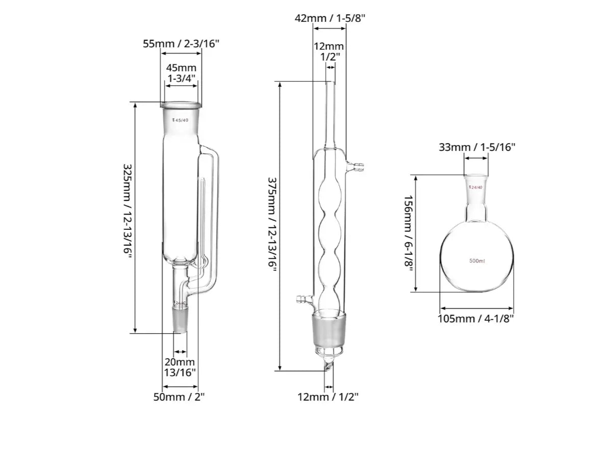 Dimensions and components of Borosilicate Glass Soxhlet Extractor Set for botanical extraction.