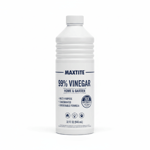 Bottle of Maximum Strength Vinegar, 99% purity, concentrated formula for cleaning, eco-friendly, 20X stronger than white vinegar.
