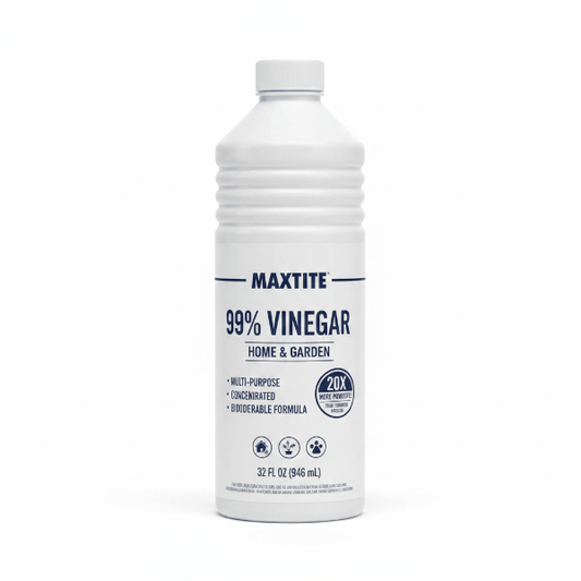 Bottle of Maximum Strength Vinegar, 99% purity, concentrated formula for cleaning, eco-friendly, 20X stronger than white vinegar.