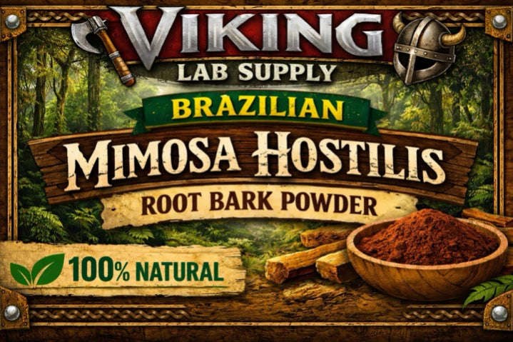 Mimosa Hostilis Root Bark Powder 100g Natural Dye, 100% organic product from Viking Lab Supply in Brazil, displayed in packaging.