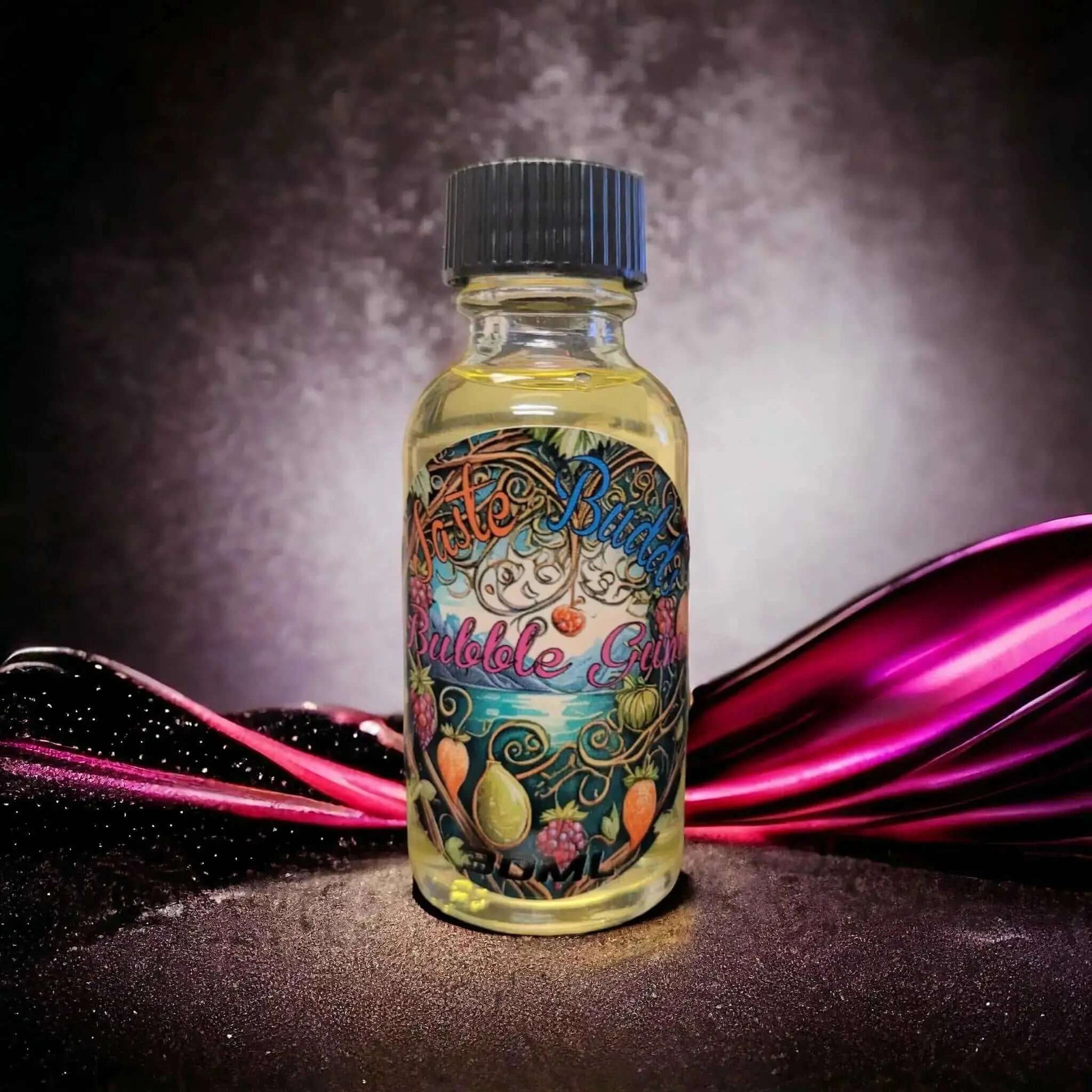 Taste Budds MCT Blend Terpenes bottle with colorful label against a vibrant background.