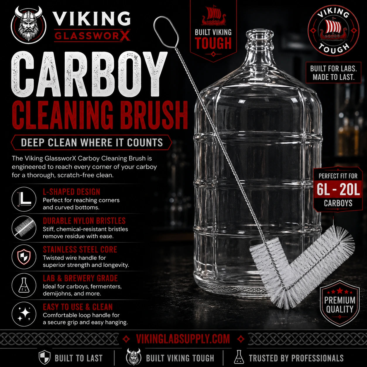 Viking Glassworx Carboy Brush for cleaning glass carboys, durable design, optimal for 6-20L sizes, perfect for home brewing use.