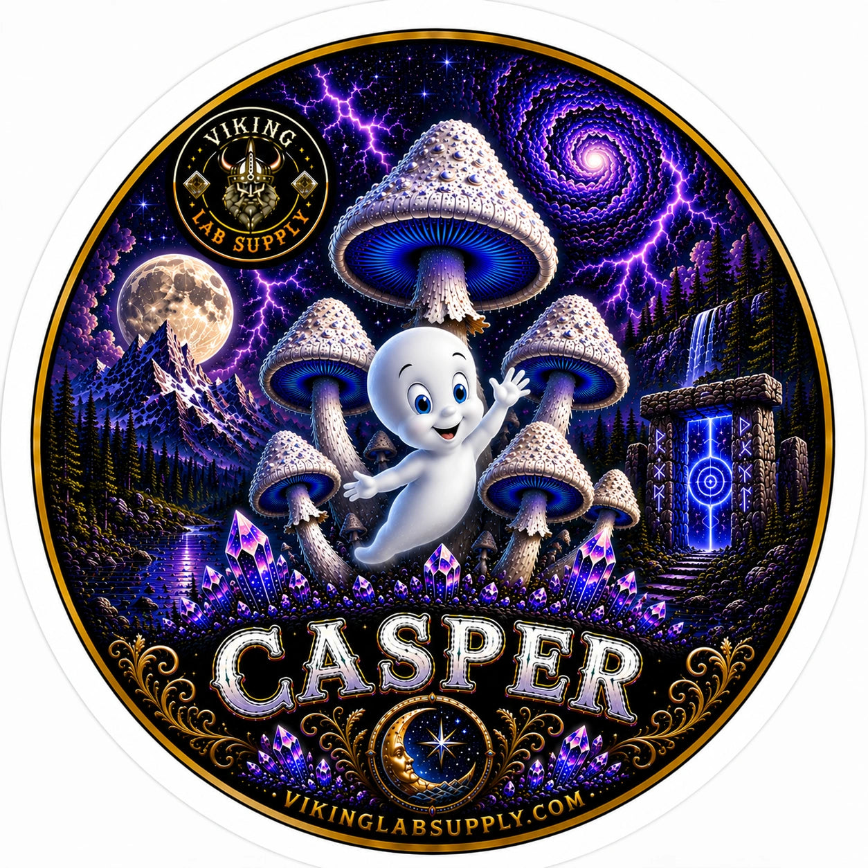 Liquid Cultures in 10ML Syringes for mycology research, featuring Viking Lab Supply's Casper illustration with fungi artwork.