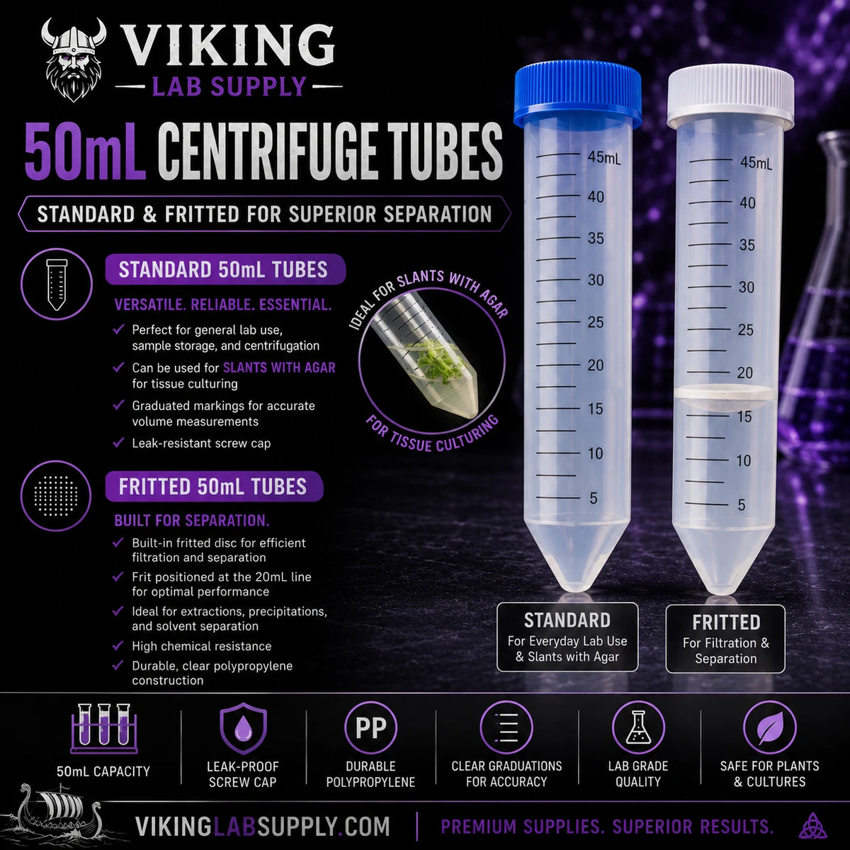 Viking Lab Supply 50 mL centrifuge tubes on a product card
