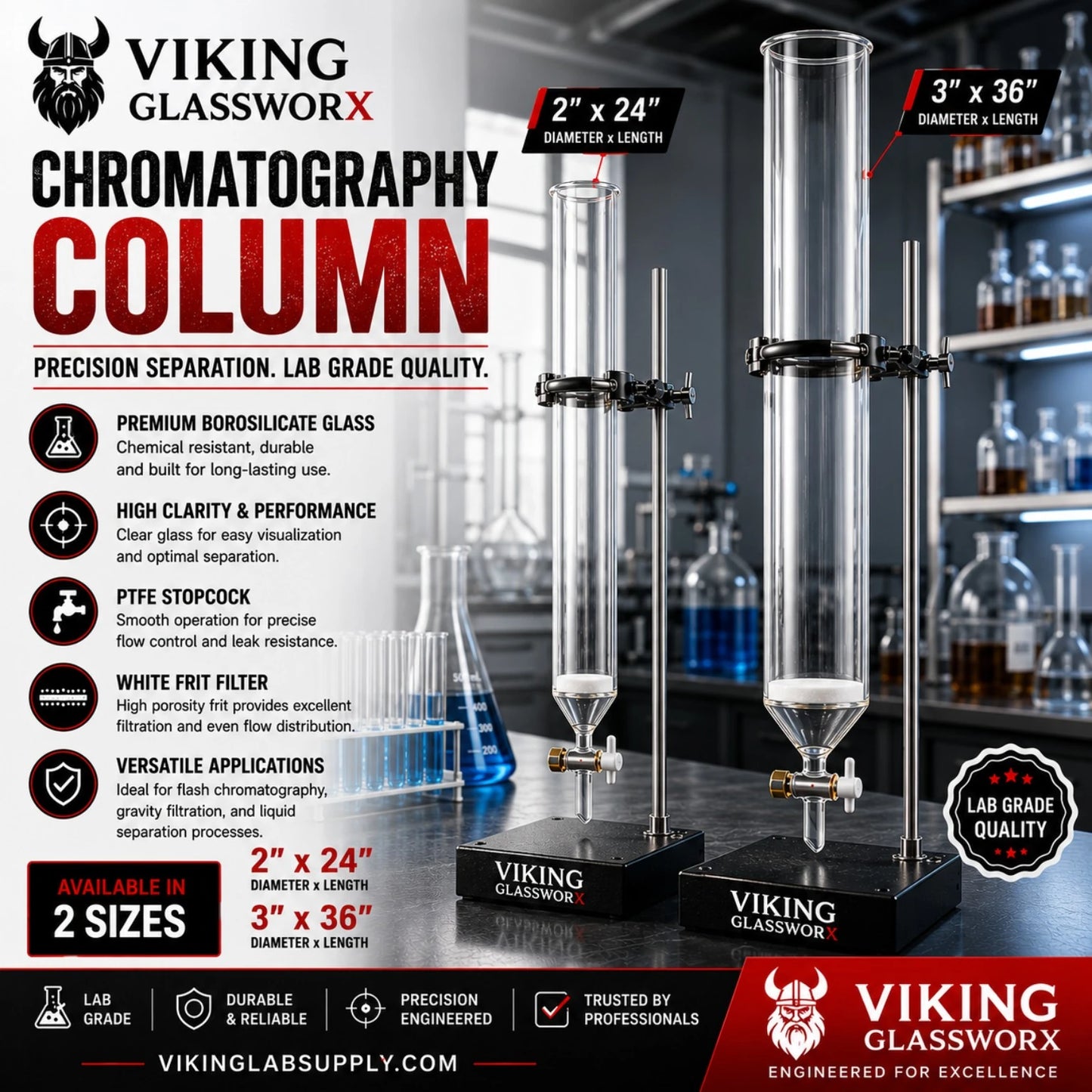 Chromatography Column 2x24 and 3x36 made from durable borosilicate glass for precise lab separation.