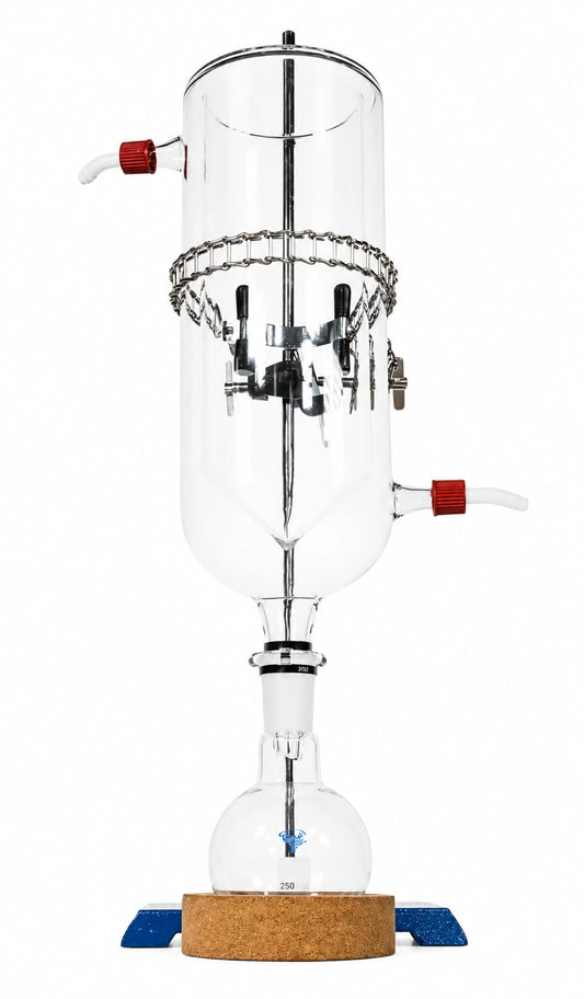Large Dewar cold trap with vacuum leads for chemical laboratories, essential for trapping vapors during vacuum processes.