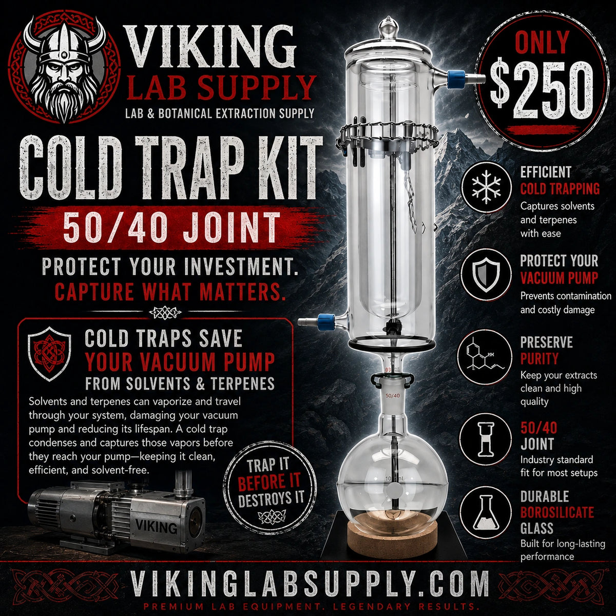 Borosilicate cold trap kit available at Viking lab supply located in Ypsilanti Michigan