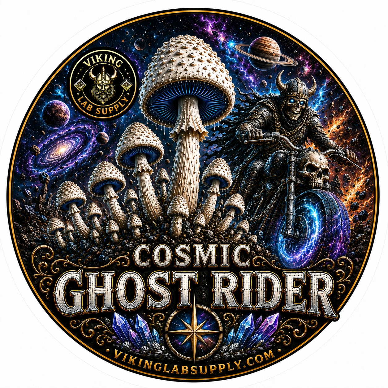 Liquid Cultures in 10ML Syringes for mycology research, featuring Viking Lab Supply's Cosmic Ghost Rider illustration with fungi artwork.