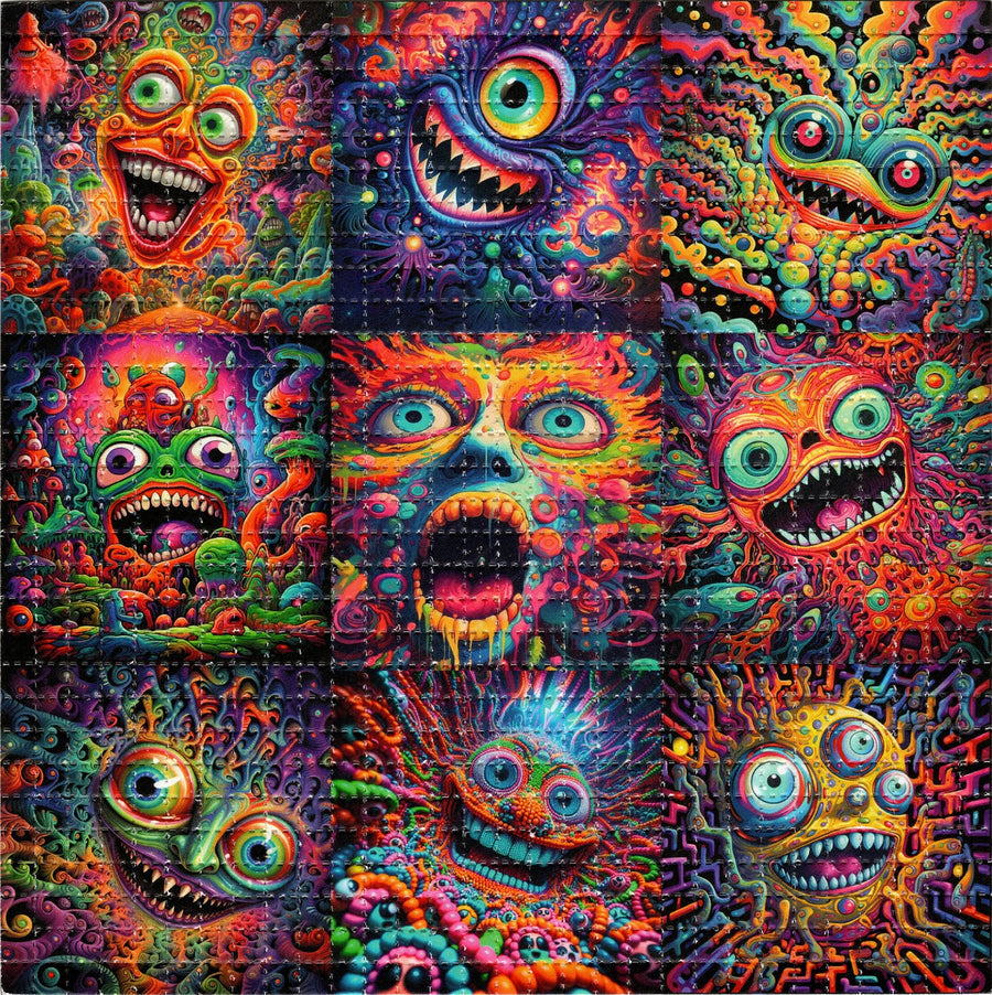 Blotter Art - acid free perforated blotter paper with vibrant, psychedelic designs showcasing colorful and surreal imagery.