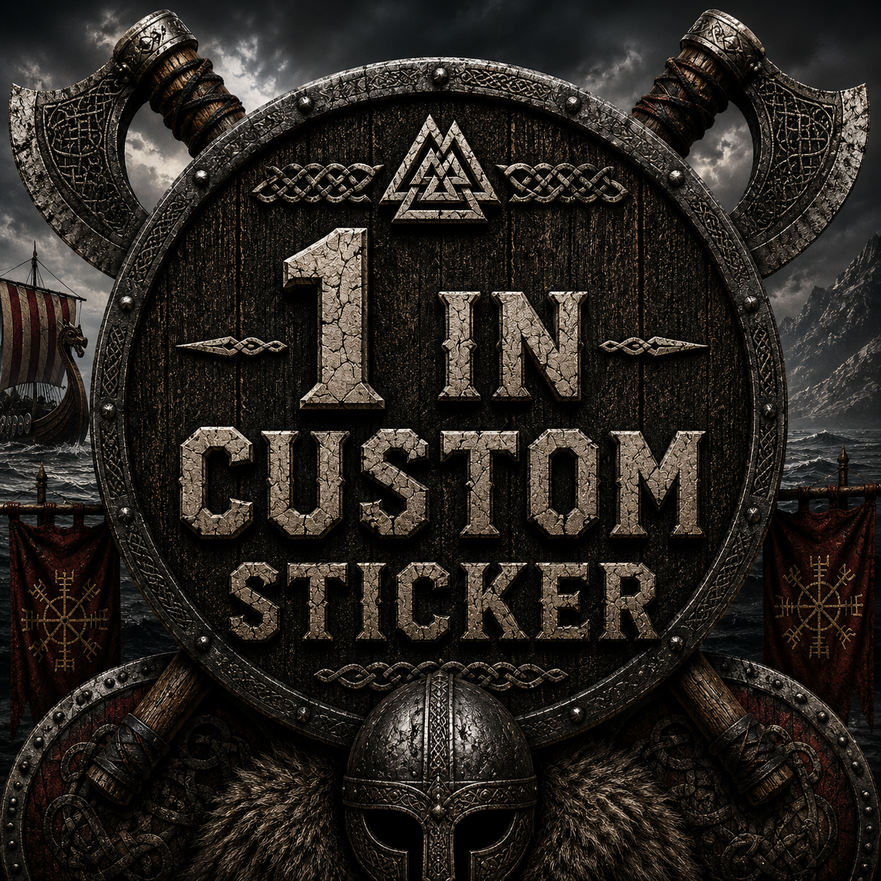 Viking-themed custom design promoting High Gloss Vinyl Sticker - 1 inch with intricate detailing and bold text on shield background.