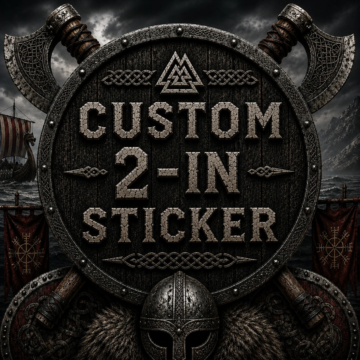 High Gloss Vinyl Sticker - 2 inch with Viking design and ax motif, perfect for creative applications, waterproof and fade-resistant. Custom logo.