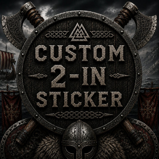 High Gloss Vinyl Sticker - 2 inch with Viking design and ax motif, perfect for creative applications, waterproof and fade-resistant. Custom logo.