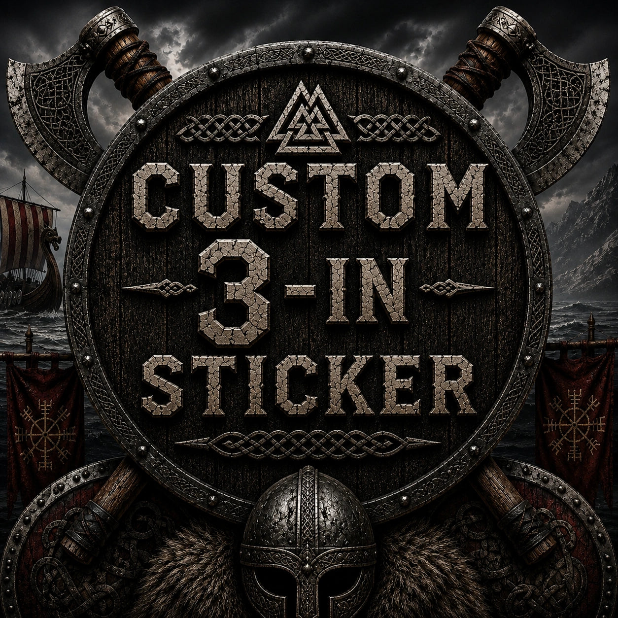 Viking-themed High Gloss Vinyl Sticker - 3 inch with custom design featuring shield and axes in a dark, dramatic style.