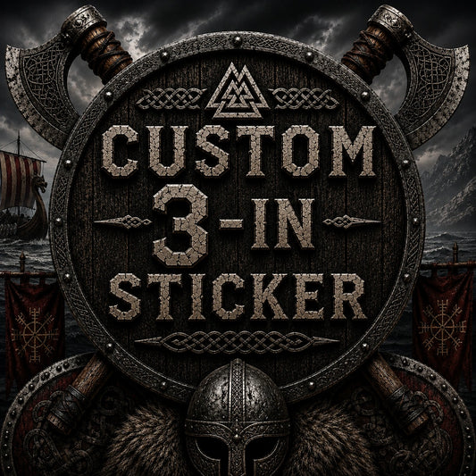 Viking-themed High Gloss Vinyl Sticker - 3 inch with custom design featuring shield and axes in a dark, dramatic style.
