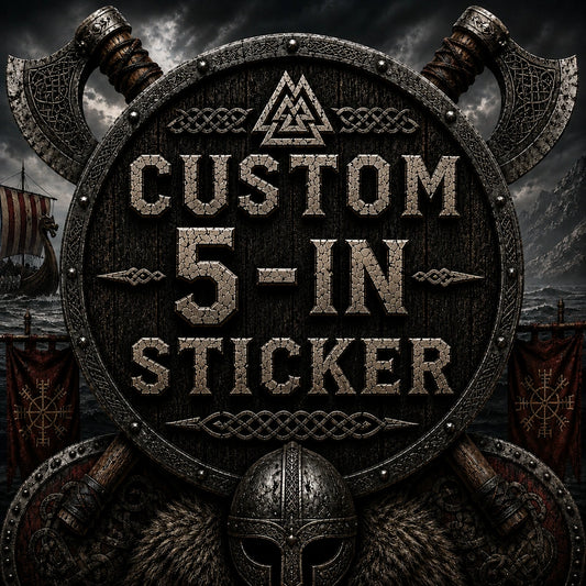 High Gloss Vinyl Sticker - 5 inch custom design with Viking theme, showcasing intricate shield and axe art.