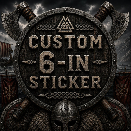 High Gloss Vinyl Sticker - 6 inch featuring custom Norse design with axes, shield, and Viking boat. Perfect for logos and impactful designs.