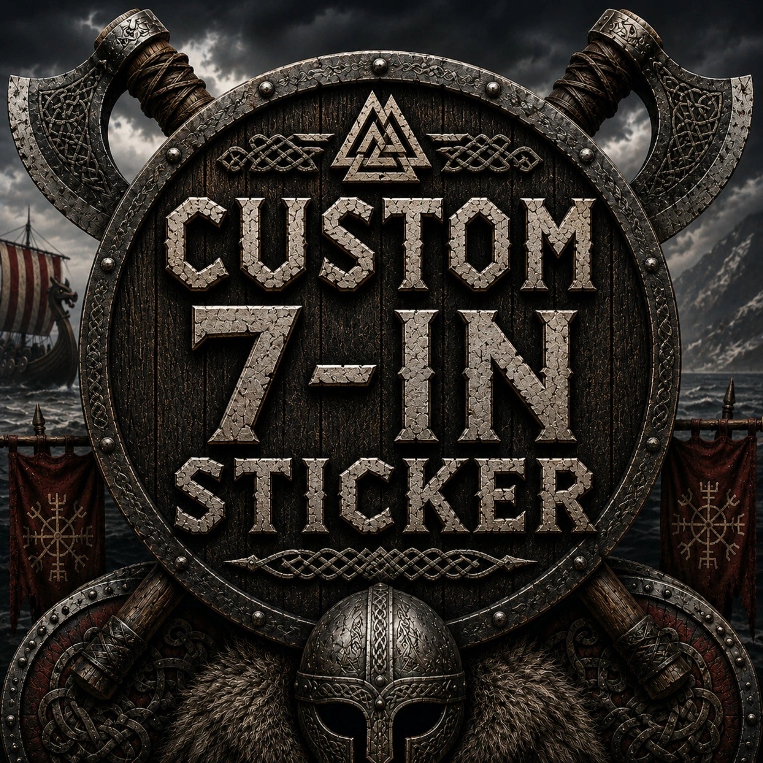 High Gloss Vinyl Sticker - 7 inch with custom design and Viking theme, featuring axes and shield imagery, ideal for standout projects.