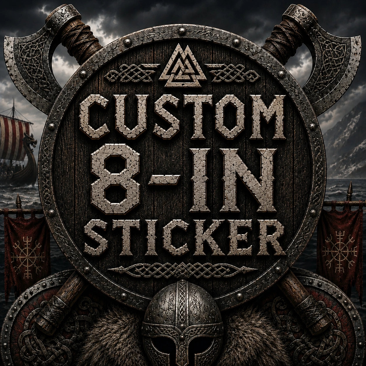 High Gloss Vinyl Sticker - 8 inch with custom Viking design and axe background