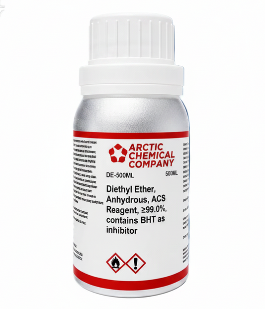 Diethyl Ether ACS Reagent 500ml bottle with ≥99.0% purity and BHT inhibitor for stability