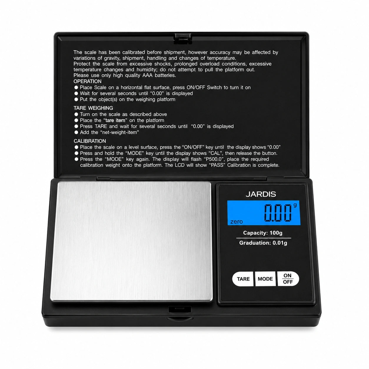 A digital pocket scale with a black plastic housing, a stainless steel weighing platform, and a blue backlit LCD display, shown open on a white background with its manual instructions visible on the lid.
