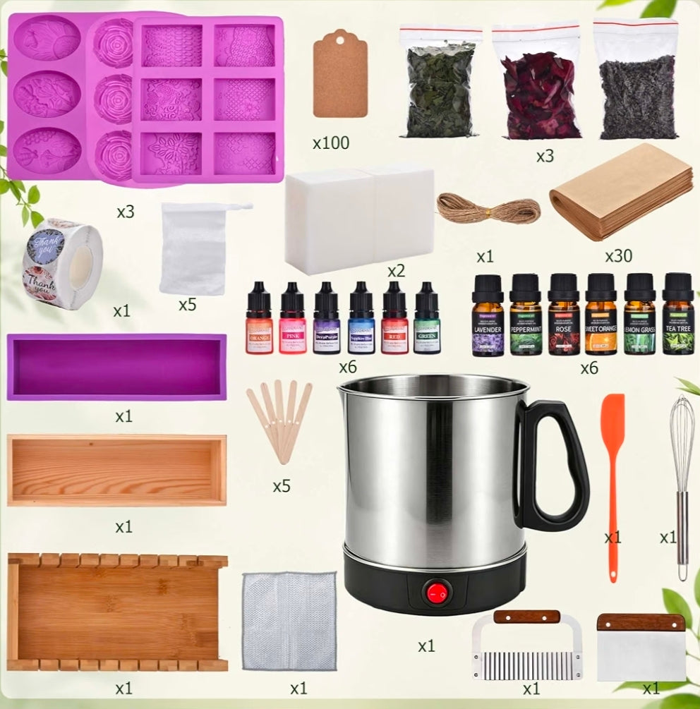 Soap Making Kit for Adults Soap Making Supplies with Melter Pot including molds, fragrances, and tools.