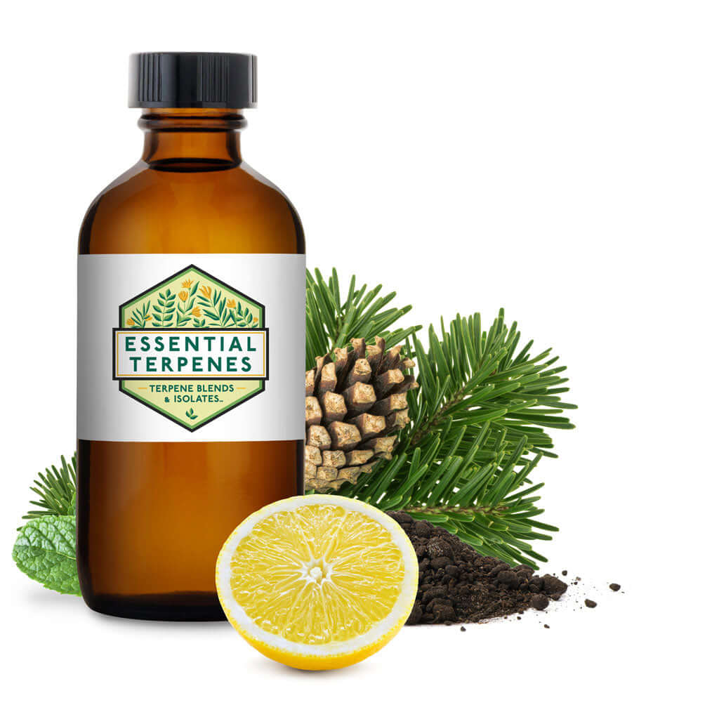 Premium Essential Terpenes All-Natural bottle with pine, mint, citrus, and soil elements.