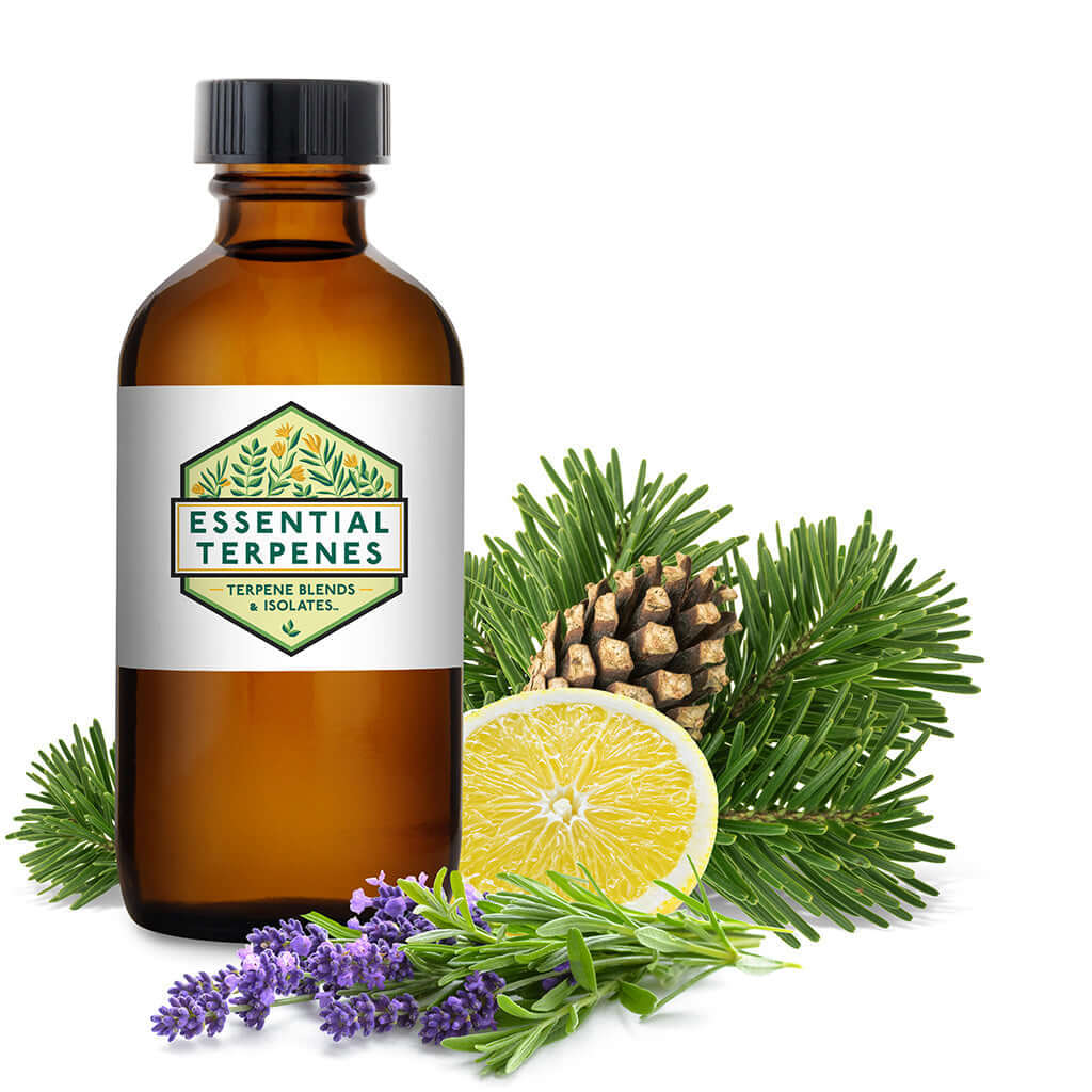 Premium Essential Terpenes All-Natural bottle with botanical elements