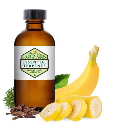 Premium Essential Terpenes All-Natural bottle with banana and spices for aromatic sensory experience.