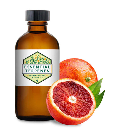 Blood Orange terpenes bottle with fresh blood oranges, highlighting its tangy, sweet, and natural citrus blend. Perfect for citrus lovers.
