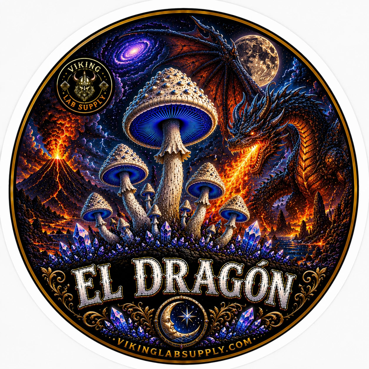 Liquid Cultures in 10ML Syringes for mycology research, featuring Viking Lab Supply's El Dragon illustration with fungi artwork.