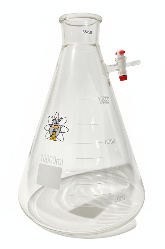Erlenmeyer flask with vacuum port 65/50, triple thick walled, made from durable borosilicate glass for scientific applications.