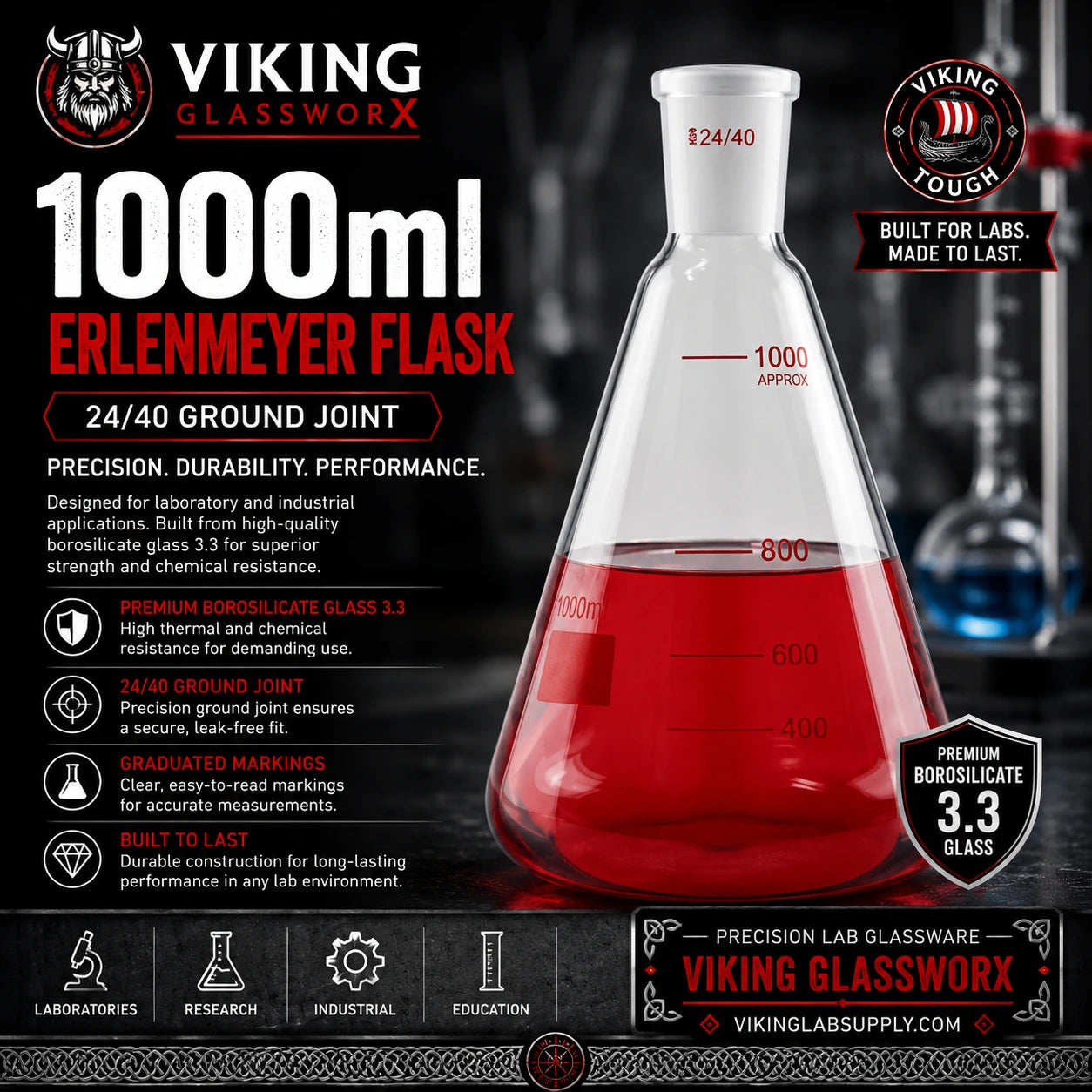 Viking Glassworx 1000ml Erlenmeyer flask in a dark promotional graphic. The flask is made of borosilicate glass 3.