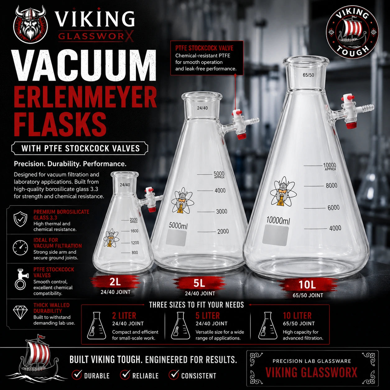 Erlenmeyer flask with vacuum port featuring triple thick walled glass for durability and precision, ideal for lab use.