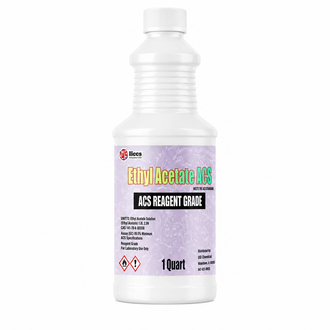 A 1 quart white plastic bottle of Hico Ethyl Acetate ACS reagent grade liquid, featuring a white cap and a white label with purple, green, and black text.
